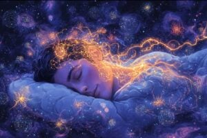 Woman asleep with brain waves overlay